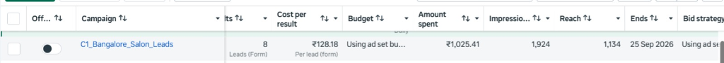 Bangalore Salon Meta Ads Manager Backend Screenshot